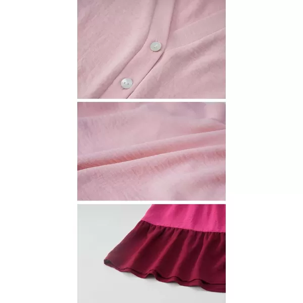 imagechouyatou Womens Casual Color Block Short Sleeve Button Up Babydoll Tiered Shirt Blouse TopsPink