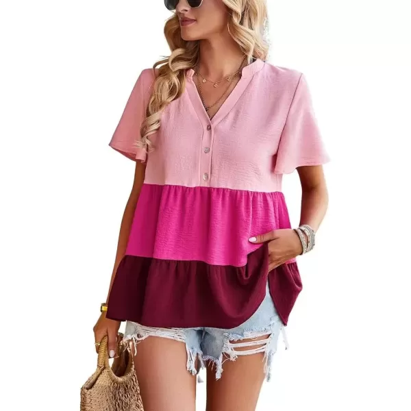 imagechouyatou Womens Casual Color Block Short Sleeve Button Up Babydoll Tiered Shirt Blouse TopsPink
