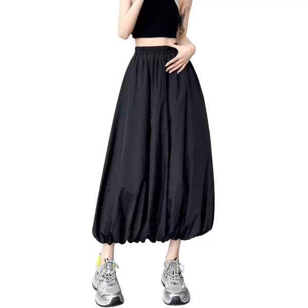 imagechouyatou Womens Casual Elastic Waist Y2k Bubble Skirt Puffy Pleated Balloon Midi Long Skirt with PocketsBlack