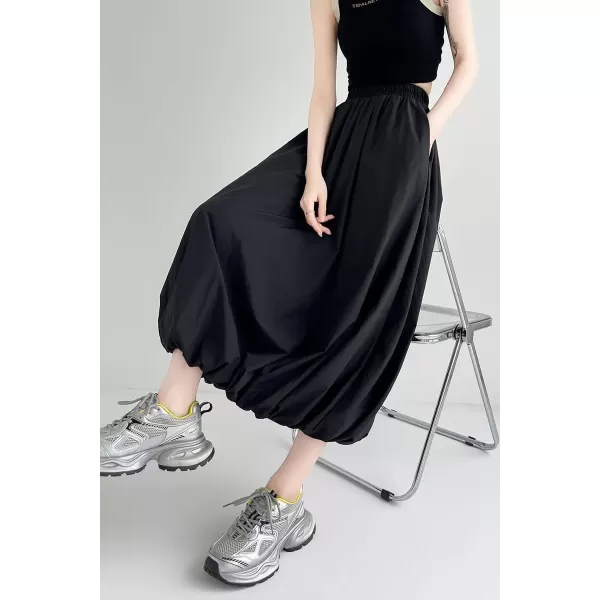 imagechouyatou Womens Casual Elastic Waist Y2k Bubble Skirt Puffy Pleated Balloon Midi Long Skirt with PocketsBlack