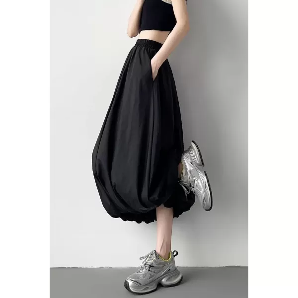 imagechouyatou Womens Casual Elastic Waist Y2k Bubble Skirt Puffy Pleated Balloon Midi Long Skirt with PocketsBlack