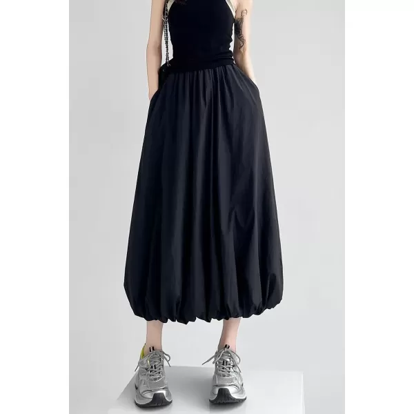 imagechouyatou Womens Casual Elastic Waist Y2k Bubble Skirt Puffy Pleated Balloon Midi Long Skirt with PocketsBlack