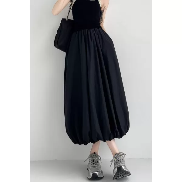 imagechouyatou Womens Casual Elastic Waist Y2k Bubble Skirt Puffy Pleated Balloon Midi Long Skirt with PocketsBlack