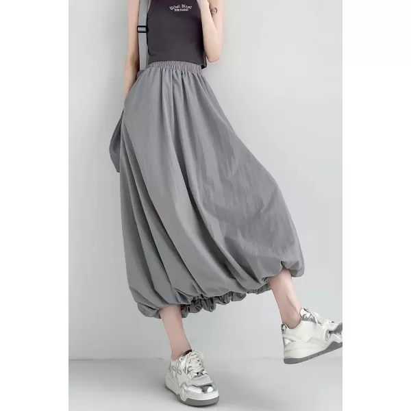 imagechouyatou Womens Casual Elastic Waist Y2k Bubble Skirt Puffy Pleated Balloon Midi Long Skirt with PocketsGray