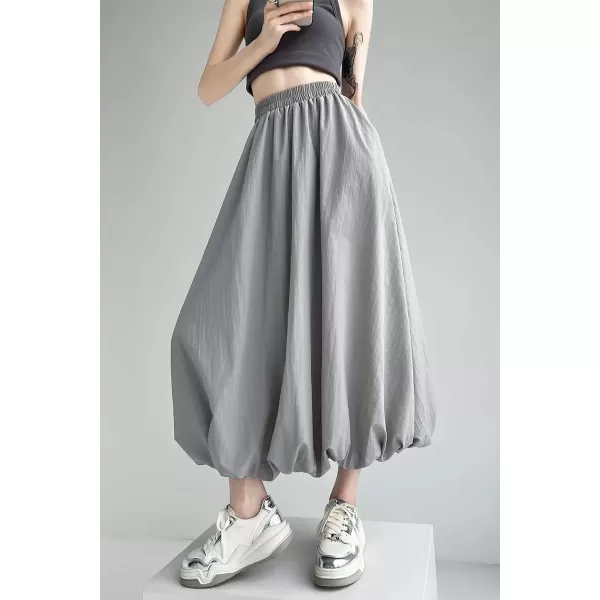 imagechouyatou Womens Casual Elastic Waist Y2k Bubble Skirt Puffy Pleated Balloon Midi Long Skirt with PocketsGray