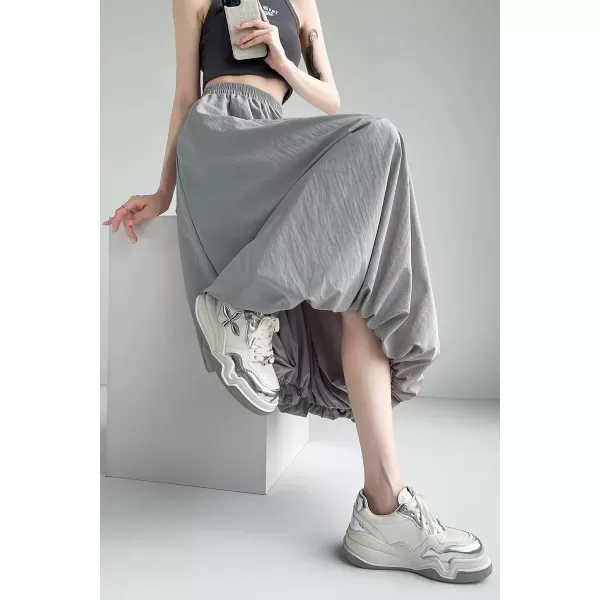 imagechouyatou Womens Casual Elastic Waist Y2k Bubble Skirt Puffy Pleated Balloon Midi Long Skirt with PocketsGray