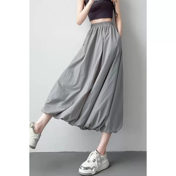 imagechouyatou Womens Casual Elastic Waist Y2k Bubble Skirt Puffy Pleated Balloon Midi Long Skirt with PocketsGray