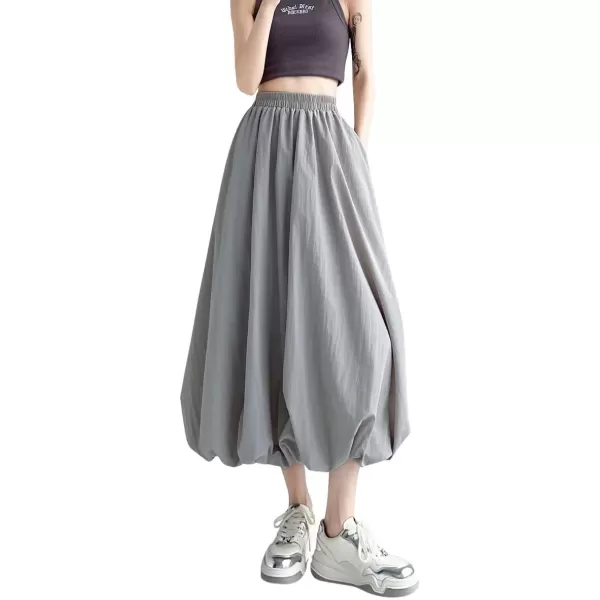 imagechouyatou Womens Casual Elastic Waist Y2k Bubble Skirt Puffy Pleated Balloon Midi Long Skirt with PocketsGray