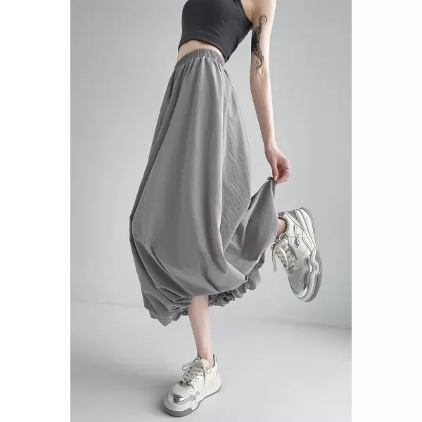 imagechouyatou Womens Casual Elastic Waist Y2k Bubble Skirt Puffy Pleated Balloon Midi Long Skirt with PocketsGray