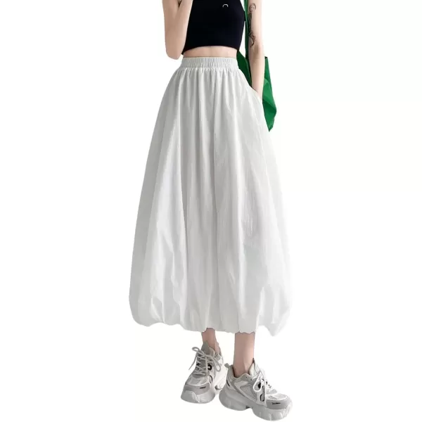 imagechouyatou Womens Casual Elastic Waist Y2k Bubble Skirt Puffy Pleated Balloon Midi Long Skirt with PocketsWhite