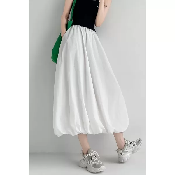 imagechouyatou Womens Casual Elastic Waist Y2k Bubble Skirt Puffy Pleated Balloon Midi Long Skirt with PocketsWhite