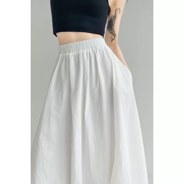 imagechouyatou Womens Casual Elastic Waist Y2k Bubble Skirt Puffy Pleated Balloon Midi Long Skirt with PocketsWhite