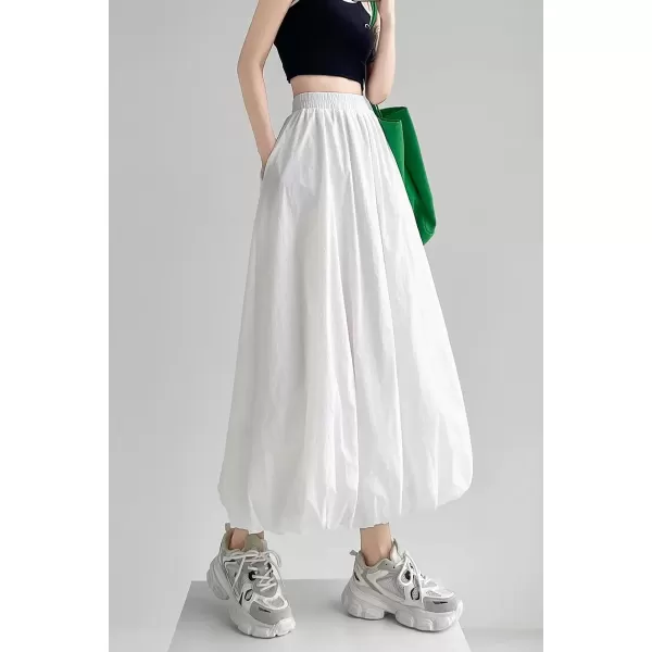imagechouyatou Womens Casual Elastic Waist Y2k Bubble Skirt Puffy Pleated Balloon Midi Long Skirt with PocketsWhite