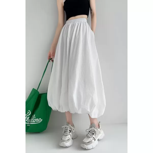 imagechouyatou Womens Casual Elastic Waist Y2k Bubble Skirt Puffy Pleated Balloon Midi Long Skirt with PocketsWhite