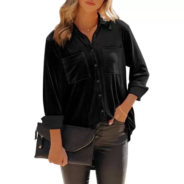 imagechouyatou Womens Chic Silky Velvet Long Sleeve Button Down Oversize Shirt Blouse TopsBlack