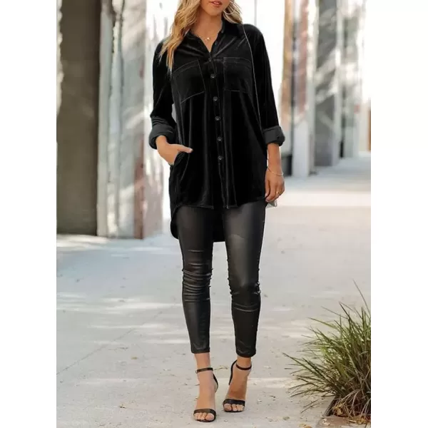 imagechouyatou Womens Chic Silky Velvet Long Sleeve Button Down Oversize Shirt Blouse TopsBlack