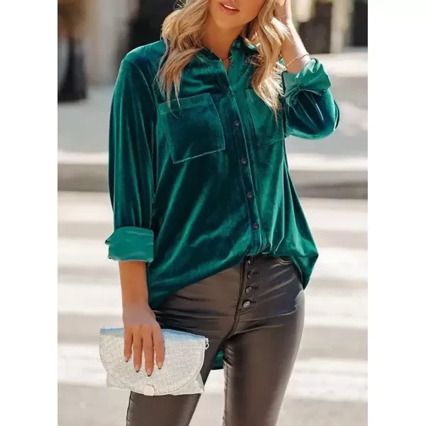 imagechouyatou Womens Chic Silky Velvet Long Sleeve Button Down Oversize Shirt Blouse TopsBlackish Green