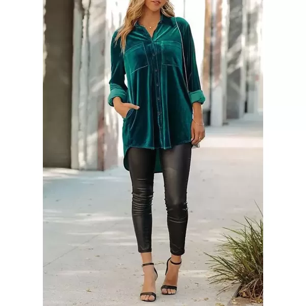 imagechouyatou Womens Chic Silky Velvet Long Sleeve Button Down Oversize Shirt Blouse TopsBlackish Green