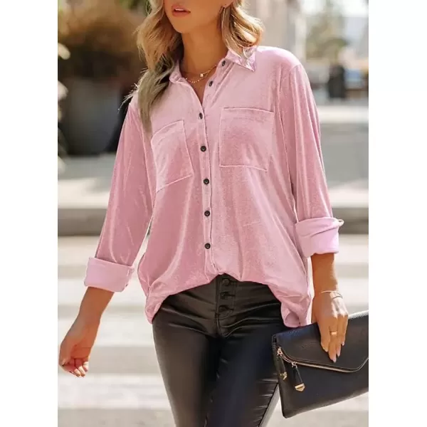 imagechouyatou Womens Chic Silky Velvet Long Sleeve Button Down Oversize Shirt Blouse TopsPink
