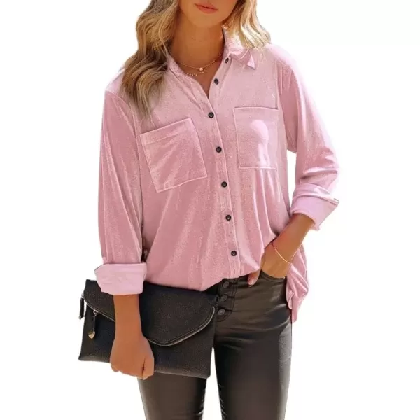 imagechouyatou Womens Chic Silky Velvet Long Sleeve Button Down Oversize Shirt Blouse TopsPink