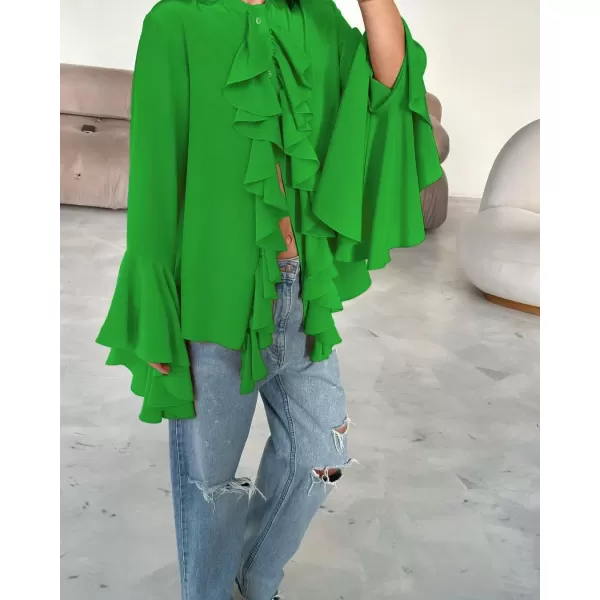 imagechouyatou Womens Chiffon Ruffle Front Button Down Shirts Bell Long Sleeve Button Up Shirt Blouse TopsGreen