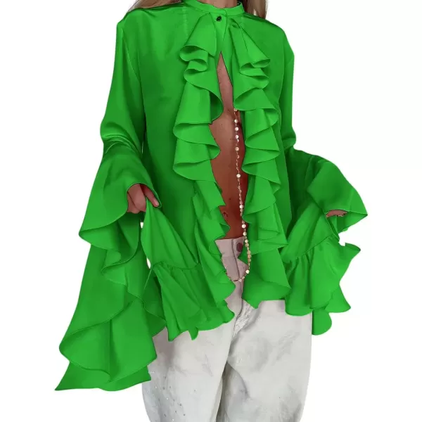 imagechouyatou Womens Chiffon Ruffle Front Button Down Shirts Bell Long Sleeve Button Up Shirt Blouse TopsGreen