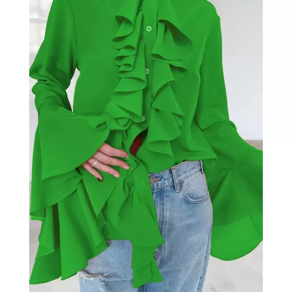 imagechouyatou Womens Chiffon Ruffle Front Button Down Shirts Bell Long Sleeve Button Up Shirt Blouse TopsGreen