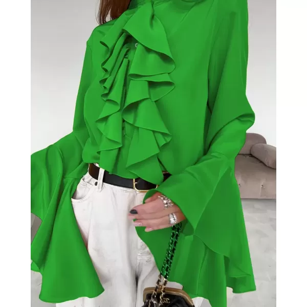 imagechouyatou Womens Chiffon Ruffle Front Button Down Shirts Bell Long Sleeve Button Up Shirt Blouse TopsGreen
