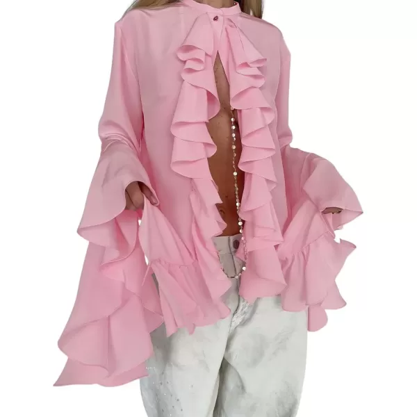 imagechouyatou Womens Chiffon Ruffle Front Button Down Shirts Bell Long Sleeve Button Up Shirt Blouse TopsPink
