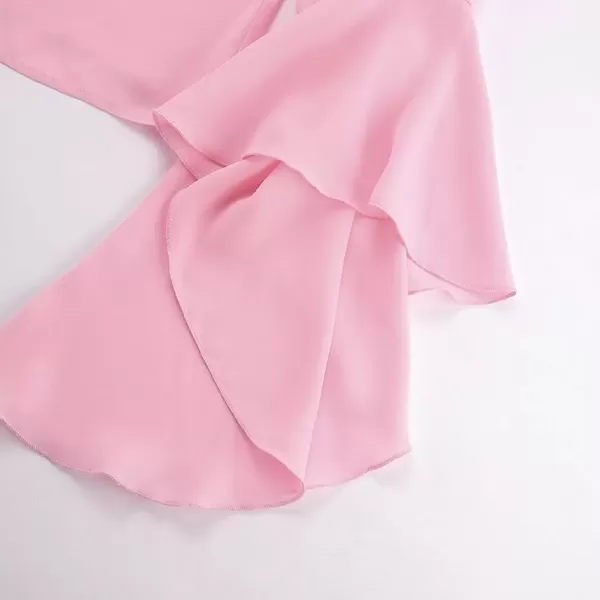 imagechouyatou Womens Chiffon Ruffle Front Button Down Shirts Bell Long Sleeve Button Up Shirt Blouse TopsPink
