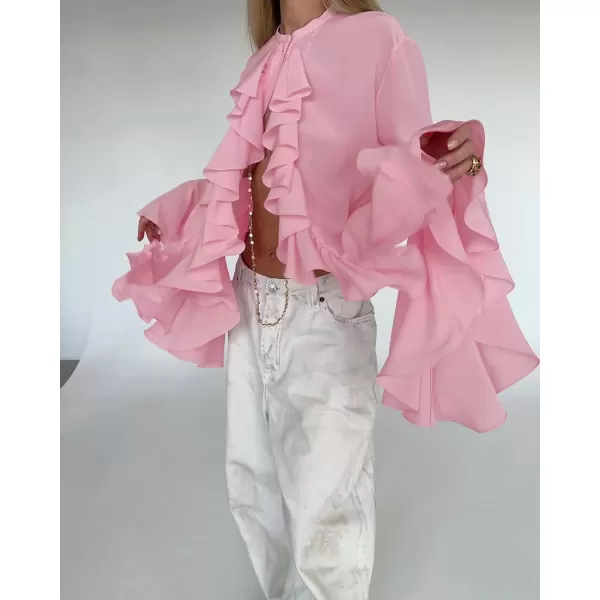 imagechouyatou Womens Chiffon Ruffle Front Button Down Shirts Bell Long Sleeve Button Up Shirt Blouse TopsPink