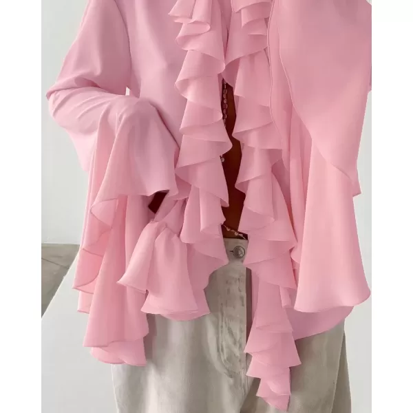 imagechouyatou Womens Chiffon Ruffle Front Button Down Shirts Bell Long Sleeve Button Up Shirt Blouse TopsPink