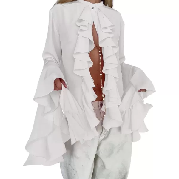 imagechouyatou Womens Chiffon Ruffle Front Button Down Shirts Bell Long Sleeve Button Up Shirt Blouse TopsWhite