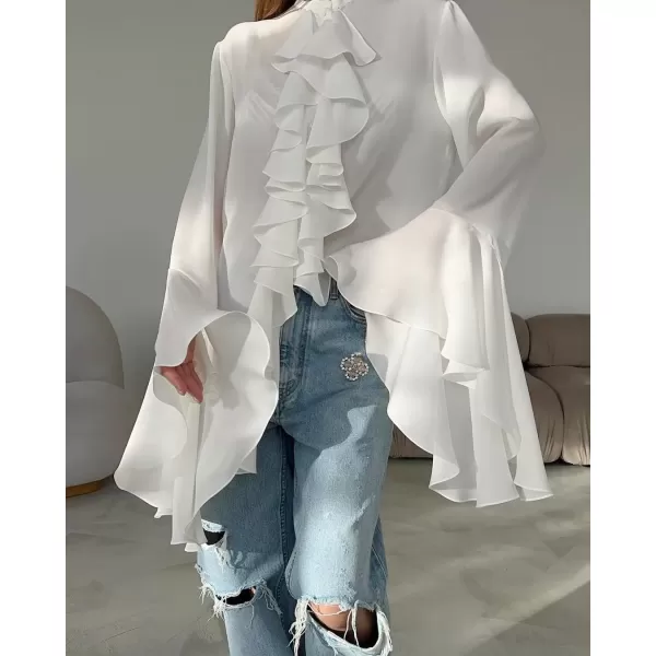 imagechouyatou Womens Chiffon Ruffle Front Button Down Shirts Bell Long Sleeve Button Up Shirt Blouse TopsWhite