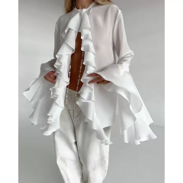 imagechouyatou Womens Chiffon Ruffle Front Button Down Shirts Bell Long Sleeve Button Up Shirt Blouse TopsWhite