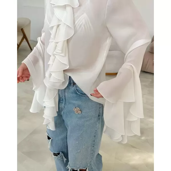 imagechouyatou Womens Chiffon Ruffle Front Button Down Shirts Bell Long Sleeve Button Up Shirt Blouse TopsWhite
