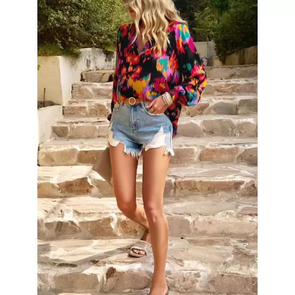 imagechouyatou Womens Color Block Boho Blouses Abstract Print Lantern Long Sleeve Casual Work Shirt TopsBlack