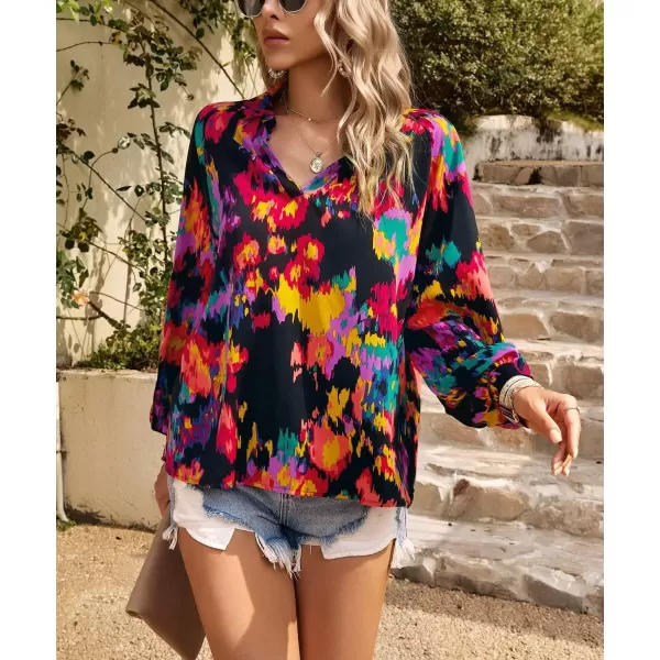 imagechouyatou Womens Color Block Boho Blouses Abstract Print Lantern Long Sleeve Casual Work Shirt TopsBlack