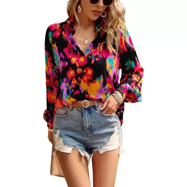 imagechouyatou Womens Color Block Boho Blouses Abstract Print Lantern Long Sleeve Casual Work Shirt TopsBlack