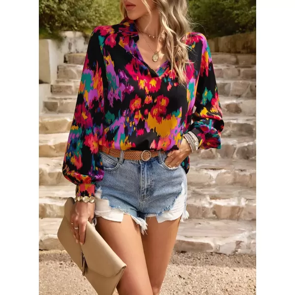 imagechouyatou Womens Color Block Boho Blouses Abstract Print Lantern Long Sleeve Casual Work Shirt TopsBlack