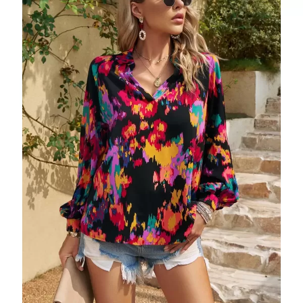 imagechouyatou Womens Color Block Boho Blouses Abstract Print Lantern Long Sleeve Casual Work Shirt TopsBlack