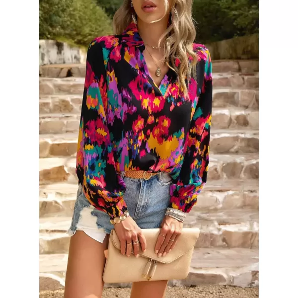 imagechouyatou Womens Color Block Boho Blouses Abstract Print Lantern Long Sleeve Casual Work Shirt TopsBlack
