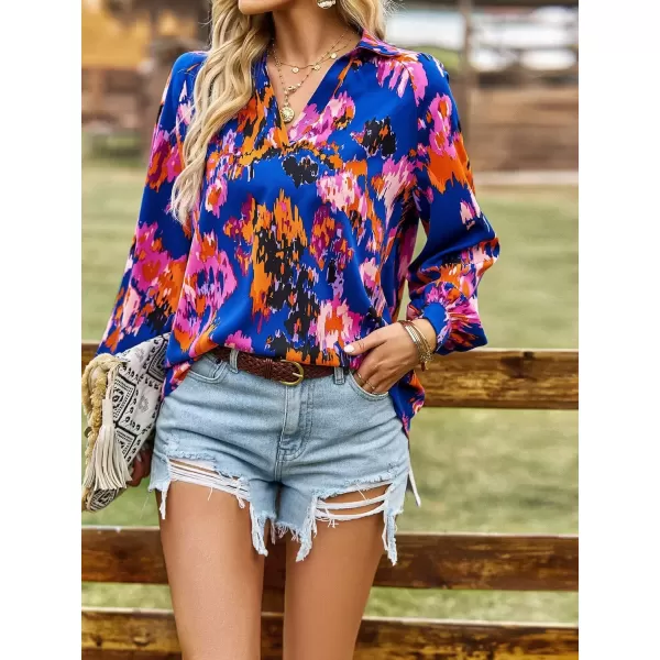 imagechouyatou Womens Color Block Boho Blouses Abstract Print Lantern Long Sleeve Casual Work Shirt TopsBlue