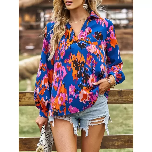 imagechouyatou Womens Color Block Boho Blouses Abstract Print Lantern Long Sleeve Casual Work Shirt TopsBlue