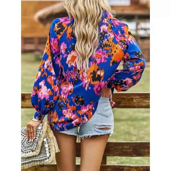 imagechouyatou Womens Color Block Boho Blouses Abstract Print Lantern Long Sleeve Casual Work Shirt TopsBlue