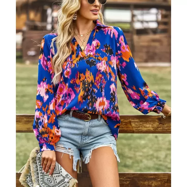 imagechouyatou Womens Color Block Boho Blouses Abstract Print Lantern Long Sleeve Casual Work Shirt TopsBlue