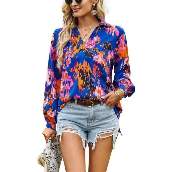 imagechouyatou Womens Color Block Boho Blouses Abstract Print Lantern Long Sleeve Casual Work Shirt TopsBlue