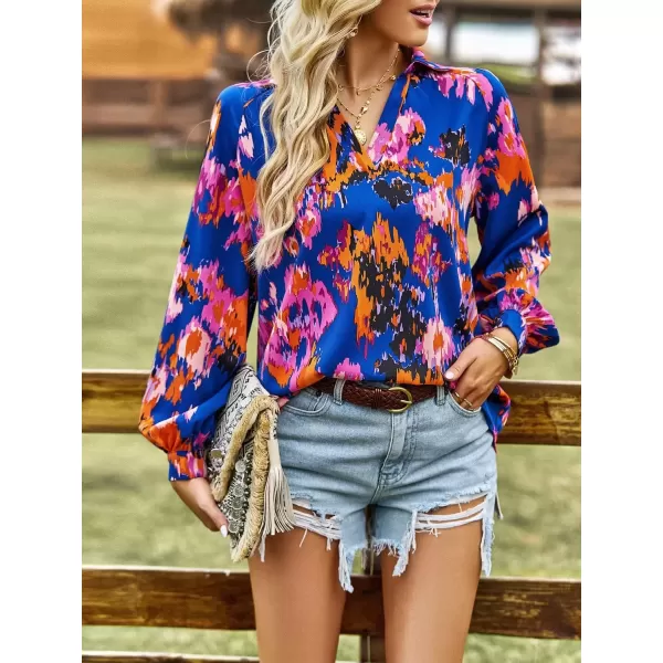 imagechouyatou Womens Color Block Boho Blouses Abstract Print Lantern Long Sleeve Casual Work Shirt TopsBlue