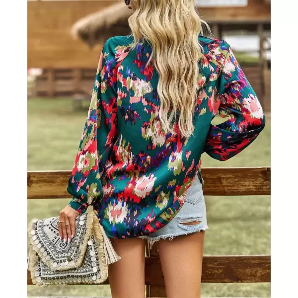 imagechouyatou Womens Color Block Boho Blouses Abstract Print Lantern Long Sleeve Casual Work Shirt TopsDark Green