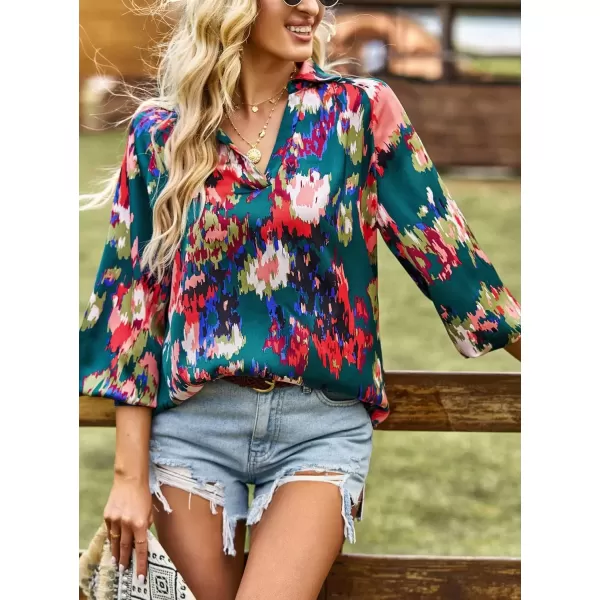 imagechouyatou Womens Color Block Boho Blouses Abstract Print Lantern Long Sleeve Casual Work Shirt TopsDark Green